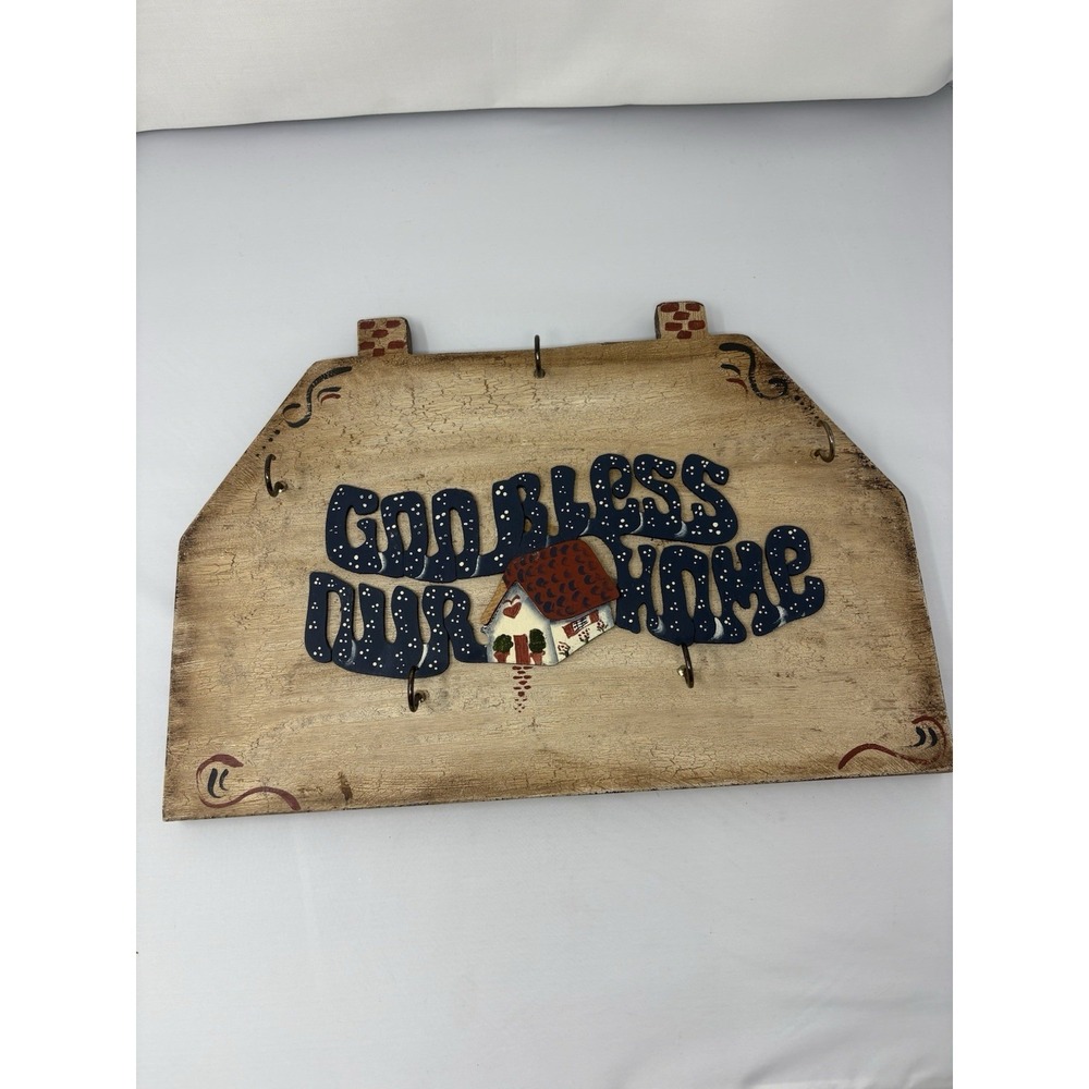 Vintage 90's Wooden Rustic God Bless Our Home Wall‎ Decor Pegs Cottage Primitive